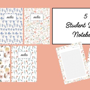 Puede incluir: Cinco cuadernos digitales para estudiantes con diseños florales. Los cuadernos tienen cubiertas con diseños florales rosas, azules y amarillos. Las páginas están rayadas y tienen bordes florales. La palabra "notes" está en la portada.