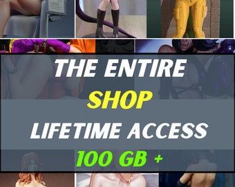 May include: A collage of images featuring various female figures in different poses and outfits. The text "THE ENTIRE SHOP LIFETIME ACCESS 100 GB+ " is displayed in yellow letters on a black background.