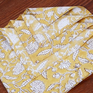 Floral Hand Block Printed Napkins 100 Pack of Dining Table Napkin, Yellow Solid Cotton Napkin,Reusable Wedding Eco Friendly Napkin Set