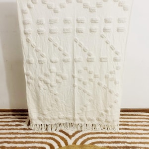 Cotton Tufted Throw Blanket - Handwoven Textured with Fringes, Boho Throw for Couch, Sofa or Bed Cozy Decorative Blanket