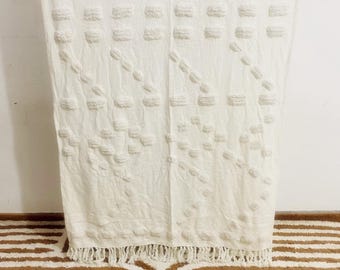 Handwoven Cotton Tufted Throw Blanket: Boho Fringe, Ivory White