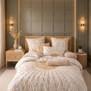 Könnte beinhalten: Ein weißes Bettwäsche-Set mit einem texturierten Sonnenmotiv in Beige. Das Set besteht aus einem Bettbezug, zwei quadratischen Kissen, einem rechteckigen Lendenkissen und einem zylindrischen Nackenkissen, alle mit getufteten Sonnenstrahlen.
