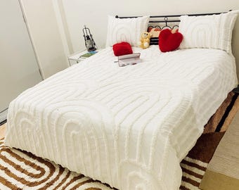 White Tufted Cotton Duvet Cover Set: Boho Bedding with Zipper