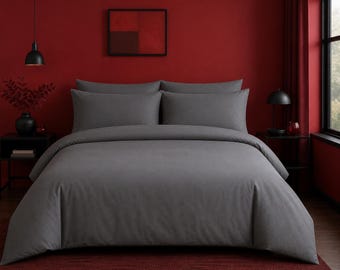Grey Cotton Duvet Set | Simple Plain Bedding | Soft Breathable Bed Linen | Minimalist Bedroom Set