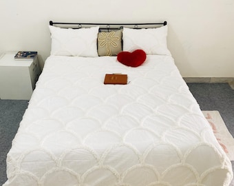 Bohemian White Tufted Cotton Duvet Cover Set: Scalloped Texture Bedding Set