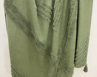Handmade Cotton Tufted Throw Blanket: Dark Green Boho Decor, 52x72"