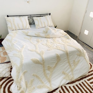 Ivory Bohemian Tufted Duvet Cover Set – Queen Size Cotton Stonewashed Bedding, Luxury Boho King Comforter Cover with Pillowcases