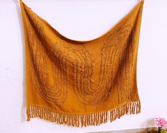 Mustard Yellow Cotton Tufted Throw Blanket: Boho Decor with Fringes