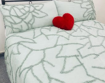 Juego de funda nórdica de algodón con mechones florales verdes: juego de cama bohemio