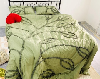Juego de funda nórdica de algodón con mechones de Green Tree: juego de cama bohemio y transpirable