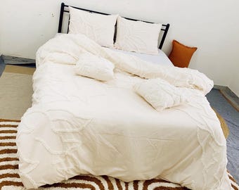 Juego de funda nórdica de algodón con mechones bohemios - Ropa de cama de 5 piezas en rosa claro