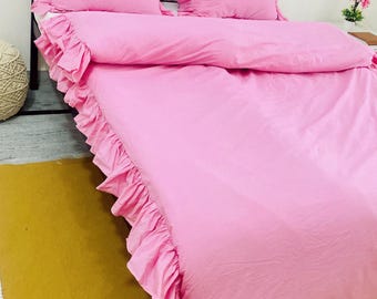 Pink Ruffle Cotton Duvet Cover Set: Farmhouse Bedding with Zipper