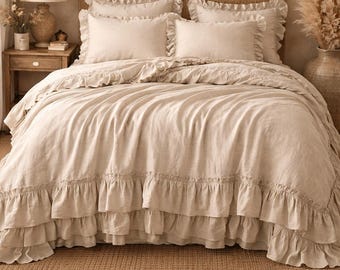 Juego de funda nórdica con volantes de lino color avena / Ropa de cama de lino suave lavado / Juego de ropa de cama estilo granja bohemia / Ropa de cama natural en tonos neutros / Juego de funda nórdica con volantes