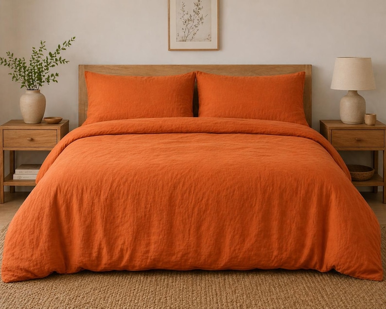 Burnt Orange Washed Linen Duvet Cover Set, Rustic Minimalist Bedding - Etsy