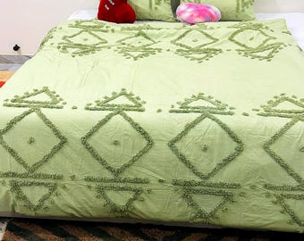 Sage Green Tufted Cotton Duvet Cover Set: Bohemian Bedding