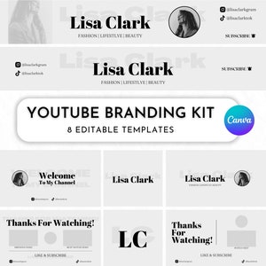 YouTube Branding Kit Minimal Black & White, YT Banners Intro Outro, Brand Kit For Content Creators, Fully Editable In Canva