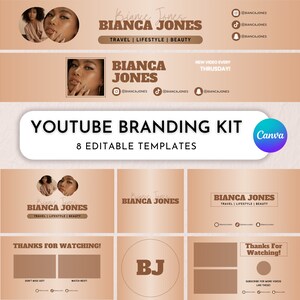 YouTube Branding Kit Brown, Brand Kit For Beginners, Fully Editable Canva Templates, YT Intro, Outro, Banner, Thumbnails
