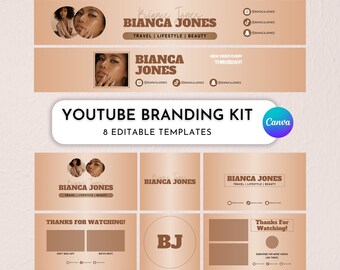 YouTube ブランディング キット ブラウン、初心者向けブランド キット、完全に編集可能な Canva テンプレート、YT イントロ、アウトロ、バナー、サムネイル