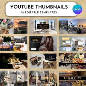 12 YouTube Thumbnails Templates. Fully Editable Canva Templates. YouTube Branding. Luxury Gold Aesthetic