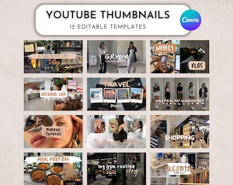 12 YouTube Thumbnails Template. Fully Editable Canva Templates. Boho Cozy Neutral Beige. YouTube Branding.