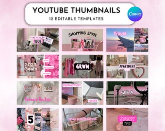 12 個の YouTube サムネイル テンプレート。完全に編集可能。DIY YouTube ブランディング。ピンク パープル バービー Y2K 美学