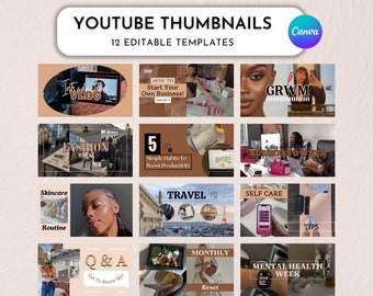 12 YouTube-miniaturensjablonen. Doe-het-zelfcanvasjablonen. YouTube-brandingkitbundel voor makers van inhoud. Beige bruin brons