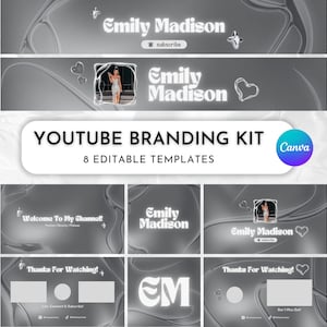 Branding Kit For YouTube, Chrome Futuristic Silver Shiny Canva Templates, Fully Editable YouTube Channel Banner, Intro, Outro