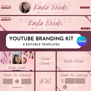 Varumärkesbyggande kit i roséguld för YouTube, innehållsskapare för vloggare, varumärkeskit, YouTube-banner, intro, outro, videominiatyrer, helt redigerbart i Canva