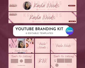 May include: A pink and white YouTube branding kit with 8 editable templates. The kit includes a banner with the text "Kayla Woods" and the social media handles "@kaylawoods" and "@kaylawoods". The kit also includes a variety of other templates, such as a "Thanks for Watching!" end screen and a "New Video Every Monday!" banner.