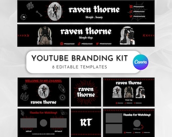 May include: A YouTube branding kit with 8 editable templates. The kit features a black and red color scheme with gothic-inspired graphics. The text "raven thorne" is featured prominently throughout the kit.