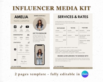May include: A two-page template for an influencer media kit. The first page features a photo of a woman and includes information about her demographics, statistics, and a "Get to Know Me" section. The second page lists services and rates for various social media platforms, including Instagram, TikTok, and YouTube. It also includes a section for brands and influencers the person has worked with.