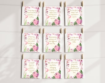 May include: Nine square cards with inspirational quotes about breastfeeding, each decorated with floral and tulip designs. The cards are clipped to a string with wooden pegs. The quotes are in a handwritten style font.