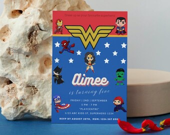 Superhero Birthday Invitation Template, Superhero Party Invite, Kid Invite, Avengers, DC, Editable Canva