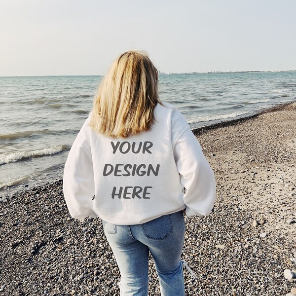 Gildan 18000 White Crewneck Lifestyle Model Beach Ocean Mockup POD Outdoor Nature Boho Minimalist -Cute Trendy New -Oversized Fit -Back