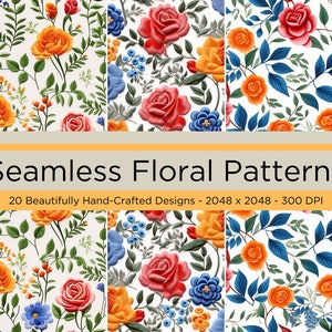 Puede incluir: Una colección de patrones florales sin costuras con rosas, hojas y otros elementos botánicos en varios esquemas de color. Los patrones incluyen flores rojas, naranjas, azules y verdes sobre un fondo blanco. La imagen también incluye el texto "Seamless Floral Patterns".