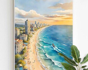 Miami Beach Watercolor Painting, Miami Skyline & Ocean Art Print, Vibrant Coastal Florida Wall Decor, US Travel Poster Printable Wall Art