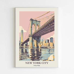 Plakat Retro Brooklyn Bridge NY, Vintage NYC Wall Art, Sztuka pejzażu miejskiego, Dekoracja domu z zabytkami USA, Plakat retro z podróży, Dekoracja akademika w Nowym Jorku