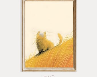 Breezy Cat Wall Art Print, Children Bedroom Print, Kids Nursery Decor, Vintage Storybook Animal Illustration, Neutral Nature Printable