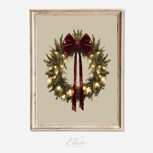Burgundy Bow Christmas Wreath Art Print, Rustic Holiday Wall Art, Cozy Winter Greenery Painting, Farmhouse Decor, Digital Download Printable