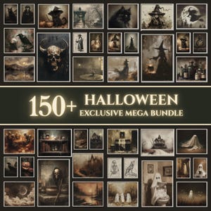 May include: A selection of Halloween art prints, including witches, skulls, cats, and eerie scenes. The text "150+ Halloween Exclusive Mega Bundle" is displayed. The artwork has a dark, vintage aesthetic.