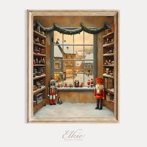 May include: A framed print of a toy shop window scene. The window overlooks a snowy town square. Shelves on either side are filled with toys. A red robot and a toy soldier stand in the foreground. A garland hangs above the window.