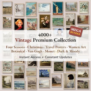 以下が含まれることがあります： 額入りのヴィンテージアートプリントのコレクション。風景、肖像画、旅行ポスターなど、さまざまなテーマのプリントが特徴です。画像には「4000+ Vintage Premium Collection」というテキストがあり、「Four Seasons」や「Monet」などのテーマがリストされています。