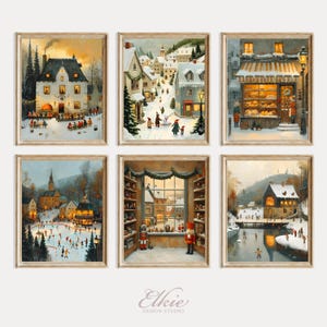 May include: Six framed winter landscape prints. Each print shows a snowy village scene with warm lighting, featuring buildings, people, and festive decorations. The artwork evokes a cosy, holiday atmosphere, ideal for seasonal decor.