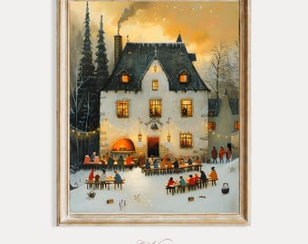 Accogliente decorazione murale invernale e natalizia, dipinto di una festa all'aperto innevata, stampa artistica vintage natalizia, decorazioni natalizie in stile fattoria, download digitale