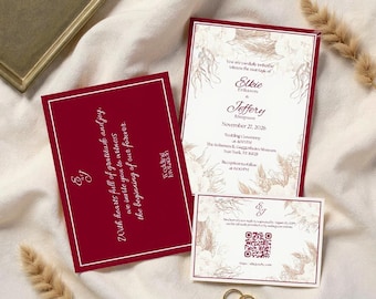 Old Money Wedding Invitation Suite Canva Template, Burgundy Red & Cream Luxury Invite Set, Instant Download Printable, Invite Editable WT1-1
