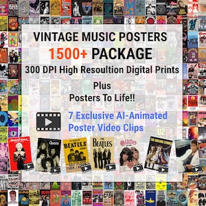 1500+ Vintage Musik- & Konzertplakate, hohe Auflösung 300 dpi Bild, Retro Band Wandkunst für Rockmusik-Dekor, ästhetisches Wand-Collage-Kit