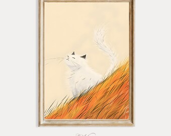 Breezy Cat Wall Art Print, Kids Nursery Decor, Vintage Storybook Animal Illustration, Children Bedroom Print, Neutral Nature Printable