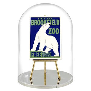 Mini póster publicitario de estilo vintage, impresión de 1936, Visita al zoológico Brookfield, Chicago, Oso polar, WPA, mini póster con caballete y trípode chapado en oro.