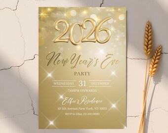 Puede incluir: Una invitación dorada para una fiesta de Nochevieja con el año 2026 en letras grandes y en 3D. La invitación incluye la fecha, la hora y el lugar: Elfre's Residence, 10 5th Avenue, Nueva York, NY 10011. También se proporcionan los detalles de RSVP.