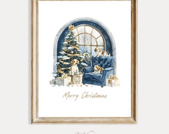 Beagle Dog Christmas Wall Art Print, Vintage Winter Puppy Watercolor Painting, Dog Breed Poster, Pet Lover Gift, Digital Download
